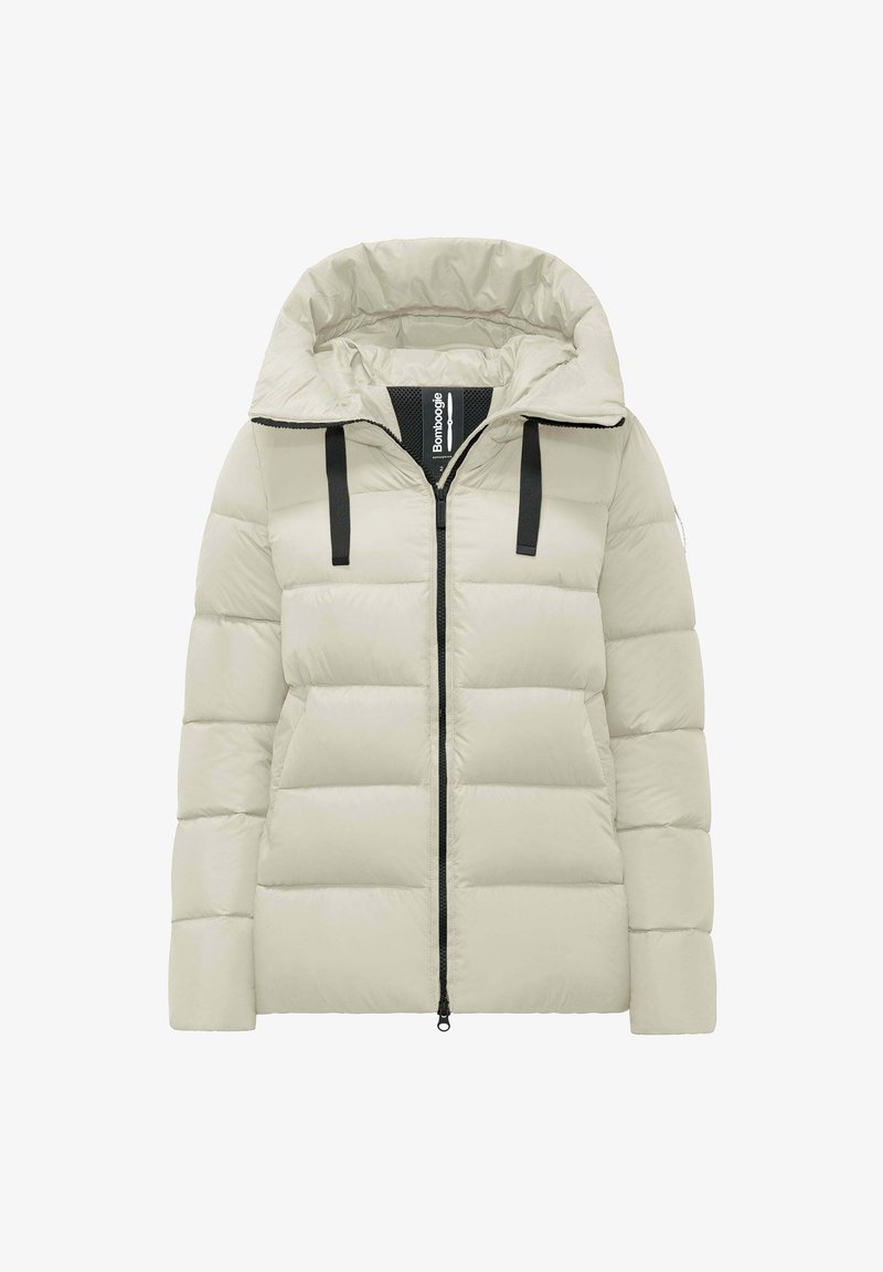 Daunenjacke in hellem Beige mit Kapuze, schwarzen Reißverschlüssen und verstellbaren Kordelzügen. Besitzt ein gestepptes Muster und eine weiche Textur.