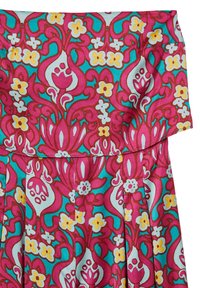 Colorful dress featuring a floral and paisley pattern in shades of pink, turquoise, and yellow, with a fitted bodice and pleated skirt.