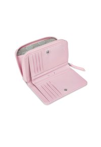 Pink leather wallet with a zip closure, multiple card slots, and a patterned interior lining. Notable smooth texture and compact design.