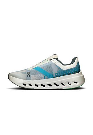 Light gray running shoe featuring a blue diagonal stripe, mesh upper, cushioned white sole with ventilation holes, and green accents.