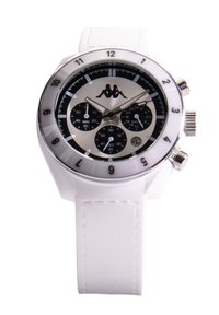 Vit sportklocka med en silver- och svart urtavla, flera subdials och framträdande timmarkörer. Har ett strukturerat armband av vit gummi.