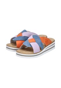 Colorful sandals with a mix of purple, blue, and orange suede straps, crossed design, and a cushioned beige insole on a white platform sole.