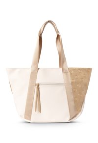 Tote bag in roomkleur en goud, met een gestructureerde gouden zijkant met reliëfpatroon, een ritszak en contrasterende hengsels.