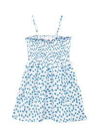 Vestido sin mangas blanco con estampado floral azul y corsé fruncido, que cuenta con finas tirantes.