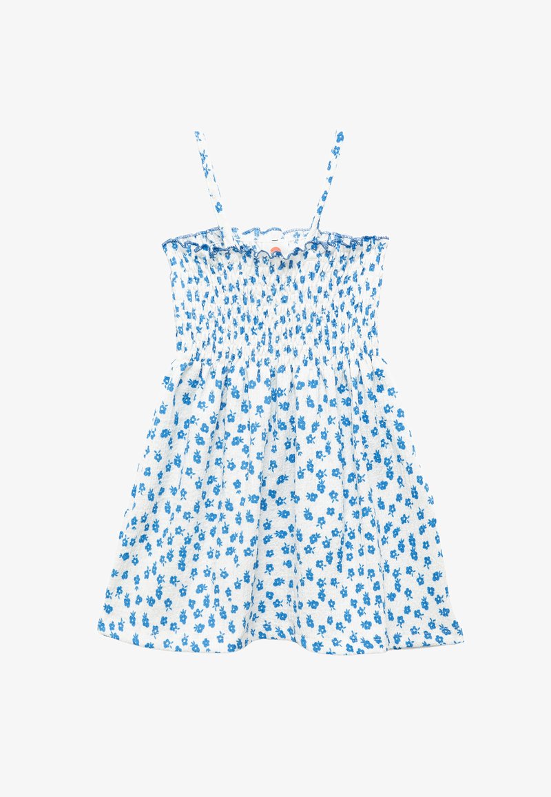 Valkoinen hihaton mekko, jossa on sininen kukkakuosi ja smokkirinnan, ohut olkaimet.