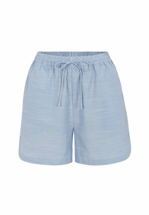 Jasnoniebieskie casualowe szorty z cienkimi białymi pionowymi paskami, elastycznym pasem i sznurkiem do wiązania z przodu.