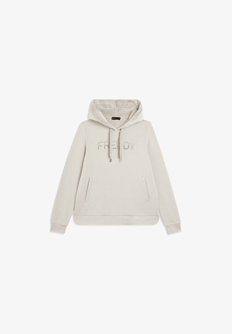 Sudadera con capucha de color beige claro que presenta un logo frontal "FREDDY" en strass, dos bolsillos laterales y puños y dobladillo de canalé. Textura de material suave.