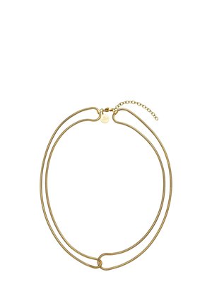 Goldene doppelte Schlangenkette mit Knoten vorne, verstellbarem Verschluss und kleinem rundem Anhänger auf schlichtem weißen Hintergrund.
