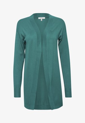 Cardigan turchese realizzato in tessuto morbido, con apertura frontale, maniche lunghe e polsini e orlo a coste per una vestibilità comoda.