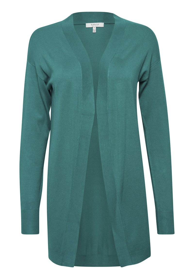 Cardigan turchese realizzato in tessuto morbido, con apertura frontale, maniche lunghe e polsini e orlo a coste per una vestibilità comoda.