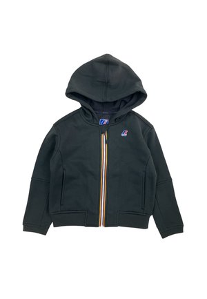 Felpa nera con cappuccio e zip, due tasche frontali, polsini e orlo a coste e un piccolo logo multicolore sul petto e lungo la linea della zip.
