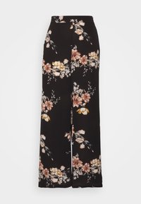 Pantalons à jambe large en tissu noir avec un motif floral dans des teintes de rose, jaune et blanc. Design taille haute sans éléments métalliques visibles.