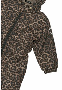 Leopardenmuster-Oberbekleidung in Braun- und Schwarztönen, mit einem Reißverschluss und gerafften Bündchen, aus einem weichen, strukturierten Stoff hergestellt.