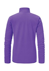 Lila Fleece-Pullover mit hohem Kragen, langen Ärmeln, glatter Textur und einem leicht abgerundeten Saum. Keine sichtbaren Muster oder Akzente.