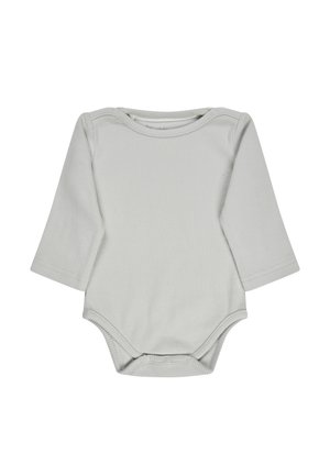 Long-sleeve, light gray baby bodysuit made of ribbed fabric, featuring a round neckline and snap buttons at the bottom for easy changing.