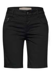 Pantalones cortos negros de tela suave, con un bolsillo frontal con cremallera, forma ajustada y costuras decorativas a lo largo de las costuras.