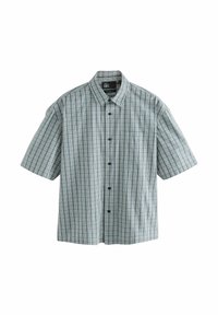 Korte mouw shirt in een blauw en groen ruitpatroon, met een kraag en een voorknopsluiting, gemaakt van lichtgewicht stof.