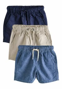 Tre par shorts i marineblå, beige og denimblå. Hver har et elastisk bælte med snoretræk og sidelommer. Fremstillet af bomuldsstof.