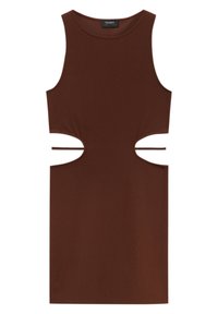 Ruskea hihaton mekko, jossa on leikattu sivupaneeli, valmistettu sileästä kankaasta. Yksinkertainen muotoilu, suora helma ja pyöreä kaula-aukko.