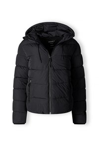 Geacă puffer neagră cu glugă, cu închidere prin fermoar, manșete elastice și model quilted orizontal. Fabricată dintr-un material ușor, sintetic.