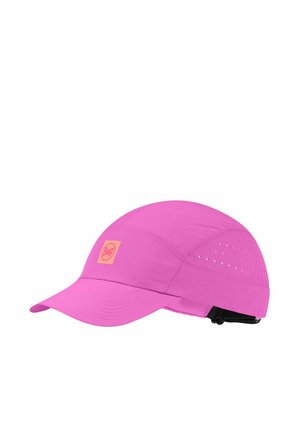 Knallig pinke Sportkappe mit Belüftungslöchern an den Seiten, verstellbarem schwarzen Riemen hinten und kleinem orangefarbenem Logo auf dem Vorderteil.