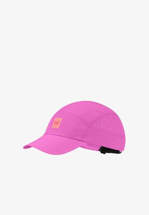 Knallig pinke Sportkappe mit Belüftungslöchern an den Seiten, verstellbarem schwarzen Riemen hinten und kleinem orangefarbenem Logo auf dem Vorderteil.