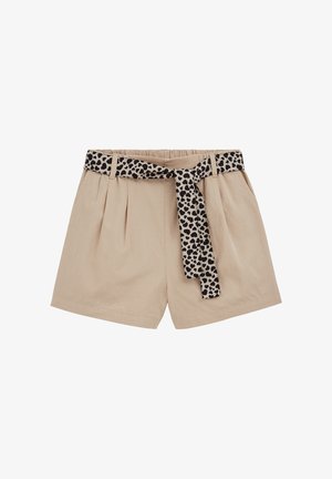 Béžové krátke nohavice s vysokým pásom, záhybmi a bočnými vreckami, s odnímateľným opaskom s čierno-béžovým leopardím vzorom zviazaným vpredu.