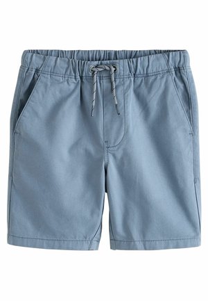 Blaue Baumwollshorts mit elastischem Bund, Kordelzugverschluss und zwei Seitentaschen. Glatte Textur und knielanger Schnitt.