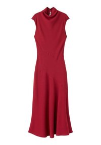 Rochie roșie fără mâneci, cu un guler înalt, detalii cu cusături oblice și o fustă evazată. Confecționată dintr-un material elastic, cu o textură fină.