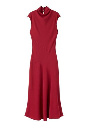 Robe sans manches rouge avec un col haut, des détails de couture diagonale et une jupe évasée. Fabriquée en tissu extensible, au toucher lisse.