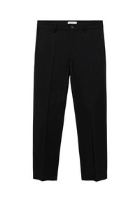 Pantalones negros ajustados con corte recto, que cuentan con un cierre de un solo botón, pasadores para cinturón y pliegues en la parte delantera. Fabricados con una tela suave.