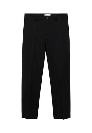 Black tailored trousers with a straight cut, featuring a single button closure, belt loops, and front pleats. Made from a smooth fabric.