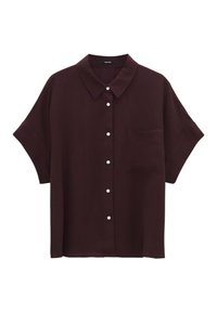 Camicia a maniche corte di colore borgogna con bottoni, realizzata in tessuto leggero. Presenta un colletto, una tasca sul petto e cinque bottoni bianchi sul davanti.
