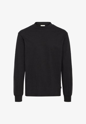 Dlhý rukáv čierne tričko z bavlny, s okrúhlym výstrihom a rebrovanými manžetami. Jednoduchý dizajn bez viditeľných vzorov alebo kovových detailov.