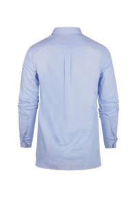 Lichtblauw overhemd met lange mouwen en knoopsluiting, gemaakt van een gestructureerde stof, met een rugplooitje, enkele knoopmanchetten en een klassieke kraag.