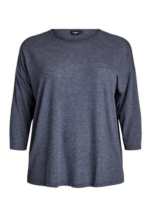 Dark gray, long-sleeve t-shirt with a relaxed fit, round neckline, soft texture, and slightly curved hem. Materials show a heathered pattern.