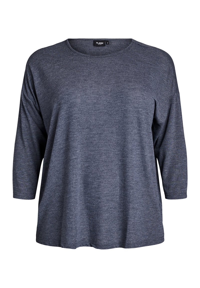 Dark gray, long-sleeve t-shirt with a relaxed fit, round neckline, soft texture, and slightly curved hem. Materials show a heathered pattern.