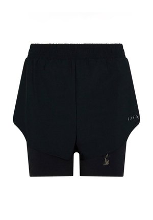 Schwarze Shorts mit elastischem Bund, geschichtetes Design mit einer längeren äußeren Schicht und einer kürzeren inneren Schicht, akzentuiert mit silbernen Details.