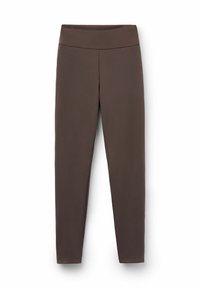 Brown stretchy leggings with a wide waistband, smooth texture, and a fitted design, tapering down to the ankles. No visible patterns or accents.