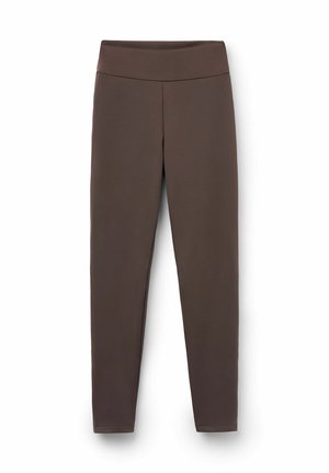 Braune elastische Leggings mit einem breiten Bund, glatter Textur und passgenauer Gestaltung, die bis zu den Knöcheln zuläuft. Keine sichtbaren Muster oder Akzente.