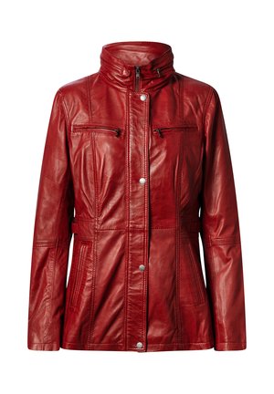 Red leather jacket with high collar, front zip and snap closures, two zip chest pockets, and two lower welt pockets.