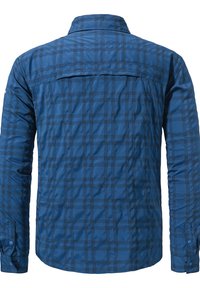 Blau kariertes Hemd mit langen Ärmeln, aus glattem Stoff gefertigt, mit einer Rückenpasse und Manschetten mit Knopfverschluss.