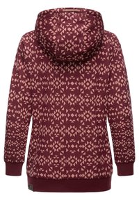 Felpa con cappuccio color bordeaux, con un motivo geometrico rosa, realizzata in tessuto morbido, con maniche lunghe e polsini e orlo a coste.