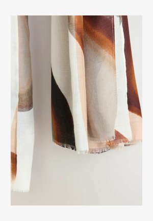 Abstract patterned scarf in warm tones of brown, beige, and white. Soft, woven fabric with frayed edges and smooth texture.