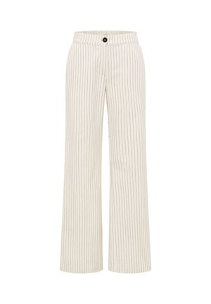 White high-waist trousers with thin vertical black stripes and a single black button at the waistband.