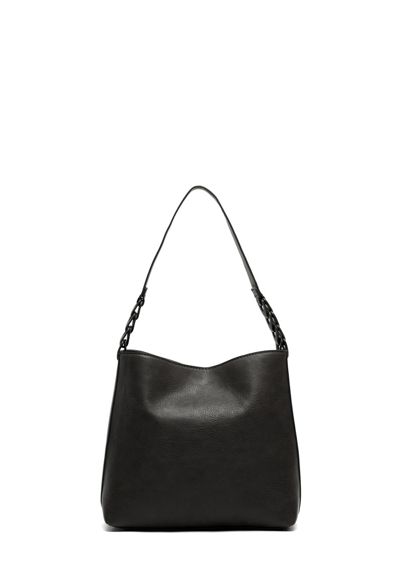 Czarna skórzana torba na ramię o gładkiej fakturze, z falistym górnym brzegiem oraz łańcuszkowym paskiem dla dodatkowego akcentu.