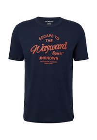 Granatowa bawełniana koszulka z dużym czerwonym napisem graficznym "UCIEKAJ DO NIEZNANEGO DUCHA WAJARDA" z przodu. Klasyczny fason z okrągłym dekoltem.