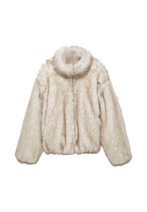 Faux-Fur-Jacke mit hohem Kragen, in hellbeige, flauschiger Textur und elastischem Saum. Reißverschluss vorne, lange Ärmel.