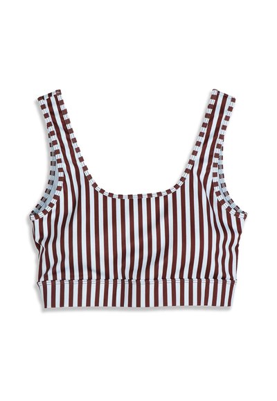 Crop top à rayures verticales marron et blanches, larges bretelles et col carré, posé à plat sur fond blanc.