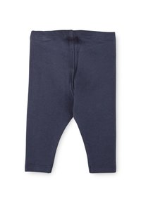 Leggings in cotone blu navy con vita elastica e cuciture a vista, caratterizzati da una vestibilità aderente e privi di fantasie o decorazioni.